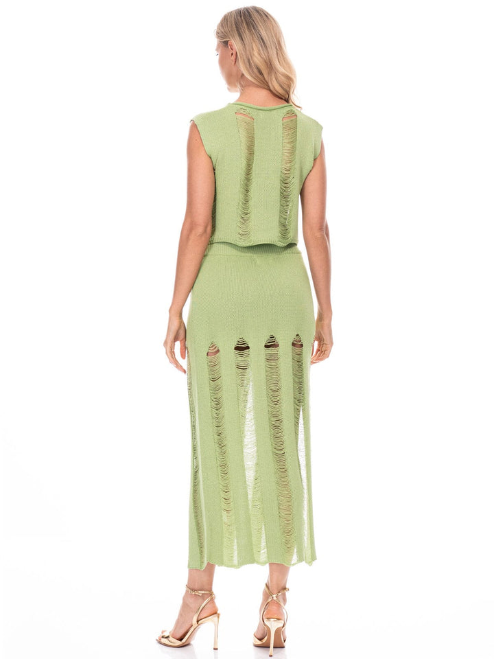 WOMEN'S SLEEVELESS CROP TOP & ELASTIC WAIST MAXI SKIRT DISTRESS DETAILED 2PC. SET