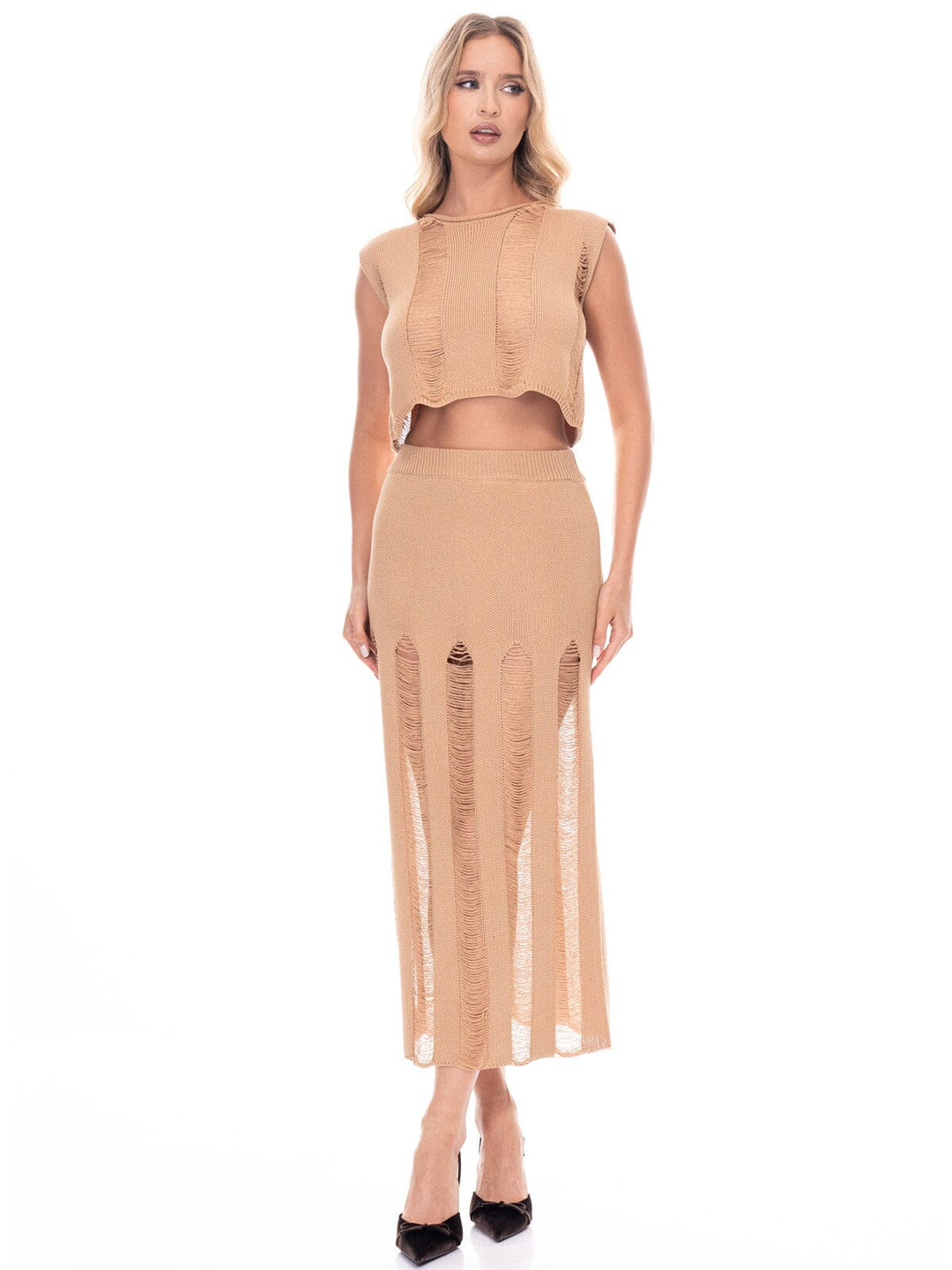 WOMEN'S SLEEVELESS CROP TOP & ELASTIC WAIST MAXI SKIRT DISTRESS DETAILED 2PC. SET