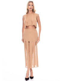 WOMEN'S SLEEVELESS CROP TOP & ELASTIC WAIST MAXI SKIRT DISTRESS DETAILED 2PC. SET