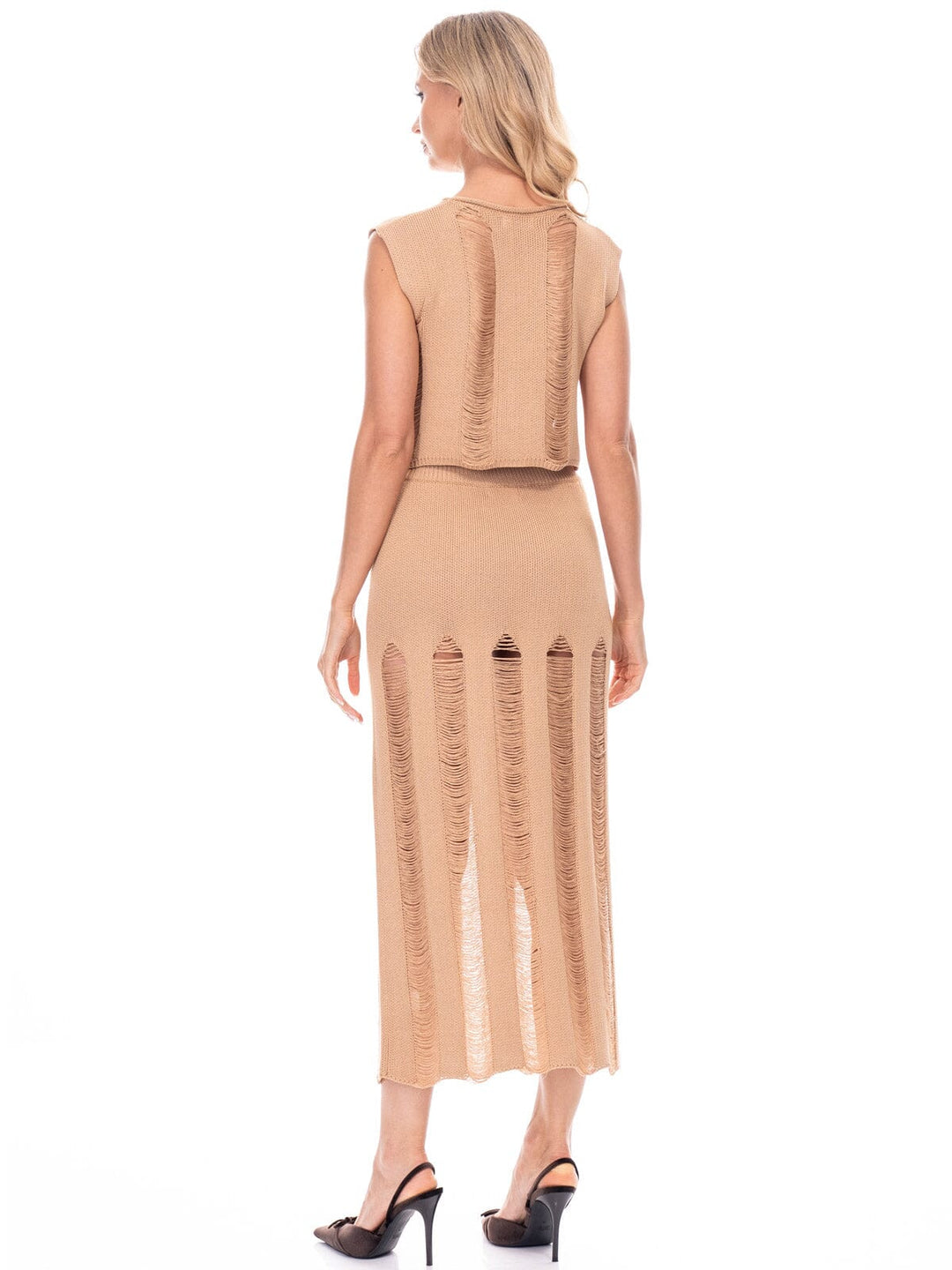 WOMEN'S SLEEVELESS CROP TOP & ELASTIC WAIST MAXI SKIRT DISTRESS DETAILED 2PC. SET