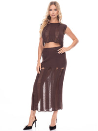 WOMEN'S SLEEVELESS CROP TOP & ELASTIC WAIST MAXI SKIRT DISTRESS DETAILED 2PC. SET