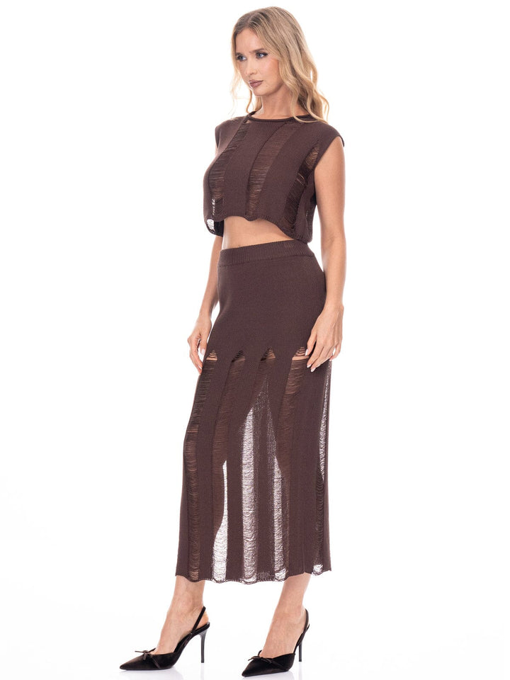 WOMEN'S SLEEVELESS CROP TOP & ELASTIC WAIST MAXI SKIRT DISTRESS DETAILED 2PC. SET