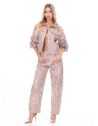 WOMEN'S BUTTON CLOSURE POCKETS ANIMAL PRINT DENIM PANTS