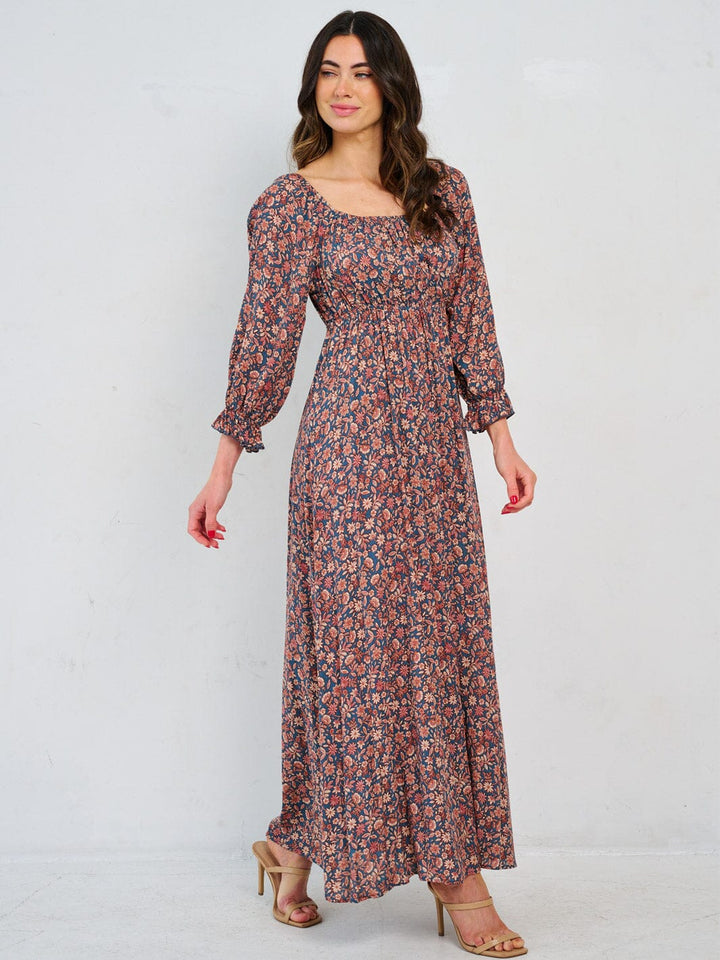 WOMEN'S LONG SLEEVE ELASTIC WAIST FLORAL MAXI DRESS