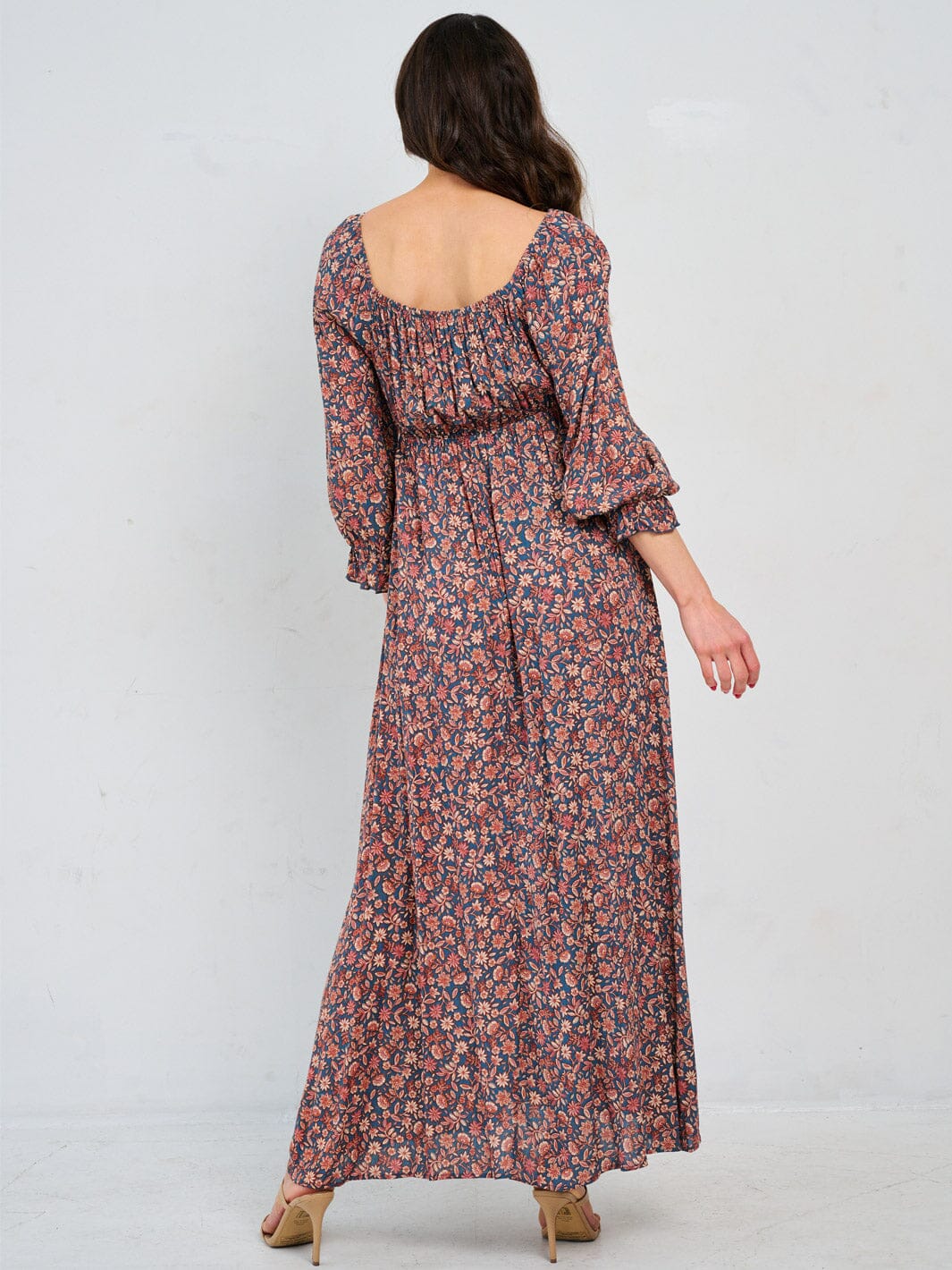 WOMEN'S LONG SLEEVE ELASTIC WAIST FLORAL MAXI DRESS