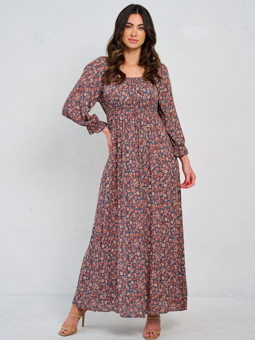 WOMEN'S LONG SLEEVE ELASTIC WAIST FLORAL MAXI DRESS