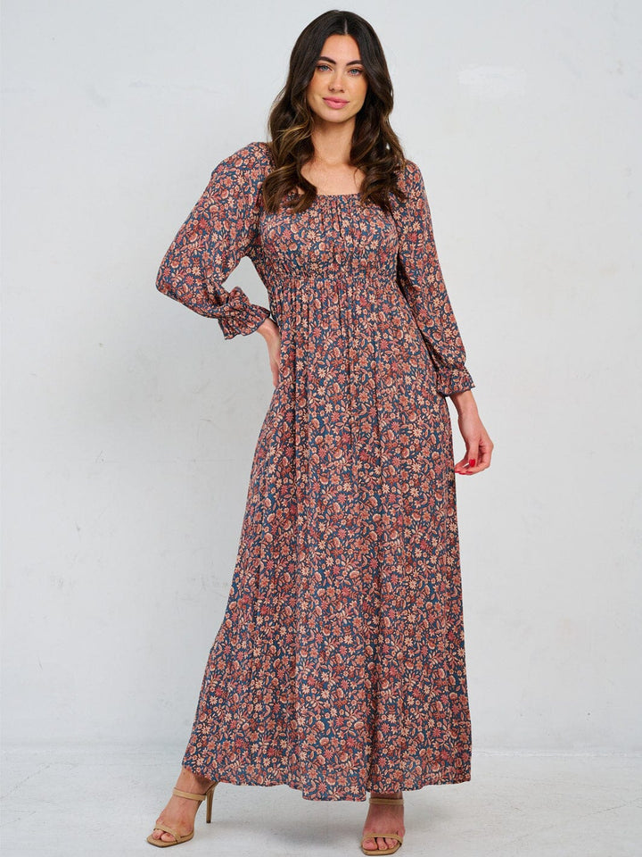 WOMEN'S LONG SLEEVE ELASTIC WAIST FLORAL MAXI DRESS