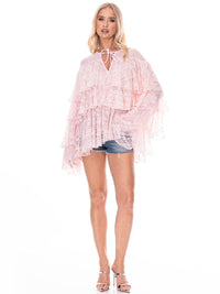 WOMEN'S LONG BELL SLEEVES V-NECK TIERED RUFFLE RHINESTONES LACE BLOUSE
