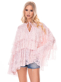 WOMEN'S LONG BELL SLEEVES V-NECK TIERED RUFFLE RHINESTONES LACE BLOUSE