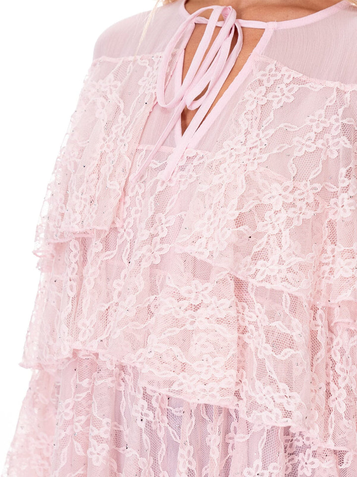 WOMEN'S LONG BELL SLEEVES V-NECK TIERED RUFFLE RHINESTONES LACE BLOUSE