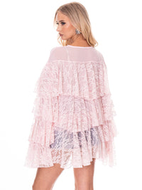 WOMEN'S LONG BELL SLEEVES V-NECK TIERED RUFFLE RHINESTONES LACE BLOUSE