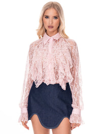 WOMEN'S LONG SLEEVE BUTTON UP RUFFLE LACE RHINESTONES BLOUSE