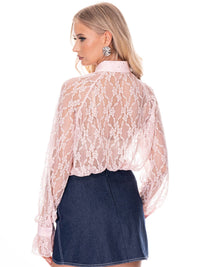 WOMEN'S LONG SLEEVE BUTTON UP RUFFLE LACE RHINESTONES BLOUSE
