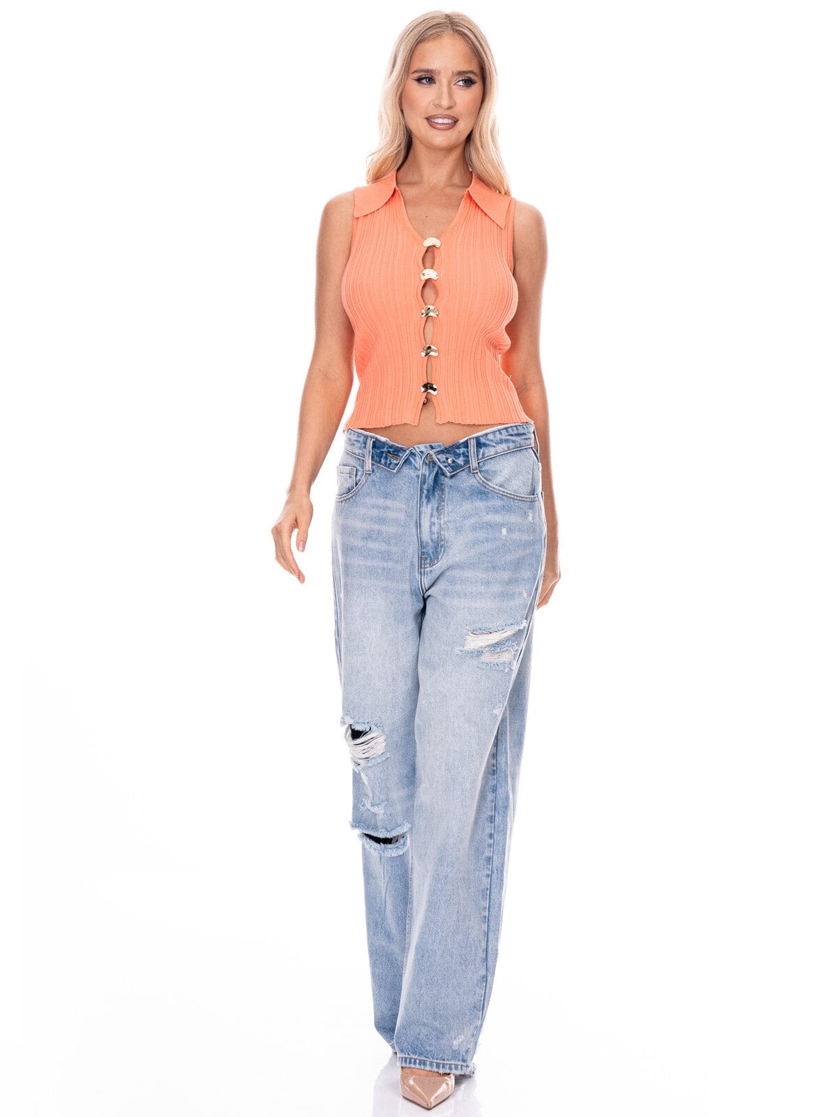 WOMEN'S SLEEVELESS V-NECK DETAILED RIBBED TOP
