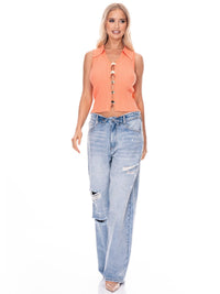 WOMEN'S SLEEVELESS V-NECK DETAILED RIBBED TOP
