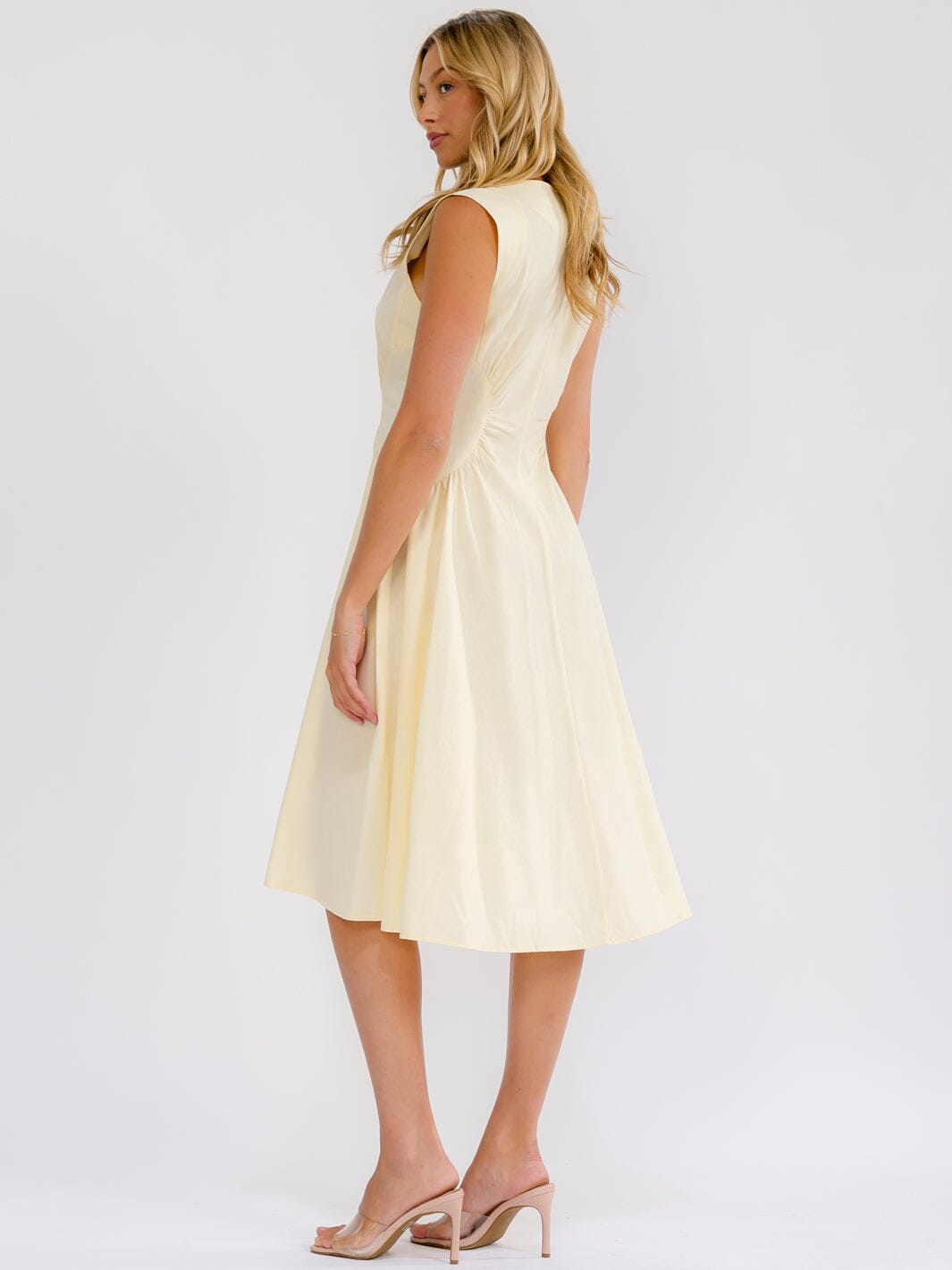 WOMEN'S SLEEVELESS V-NECK ZIP UP FIT & FLARE LINEN MIDI DRESS