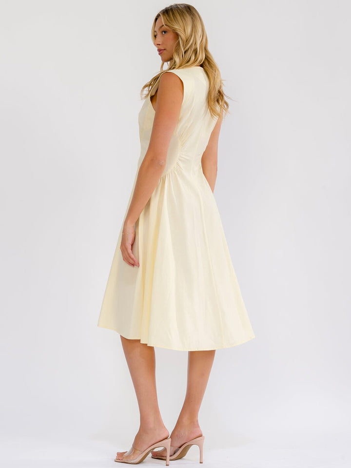 WOMEN'S SLEEVELESS V-NECK ZIP UP FIT & FLARE LINEN MIDI DRESS