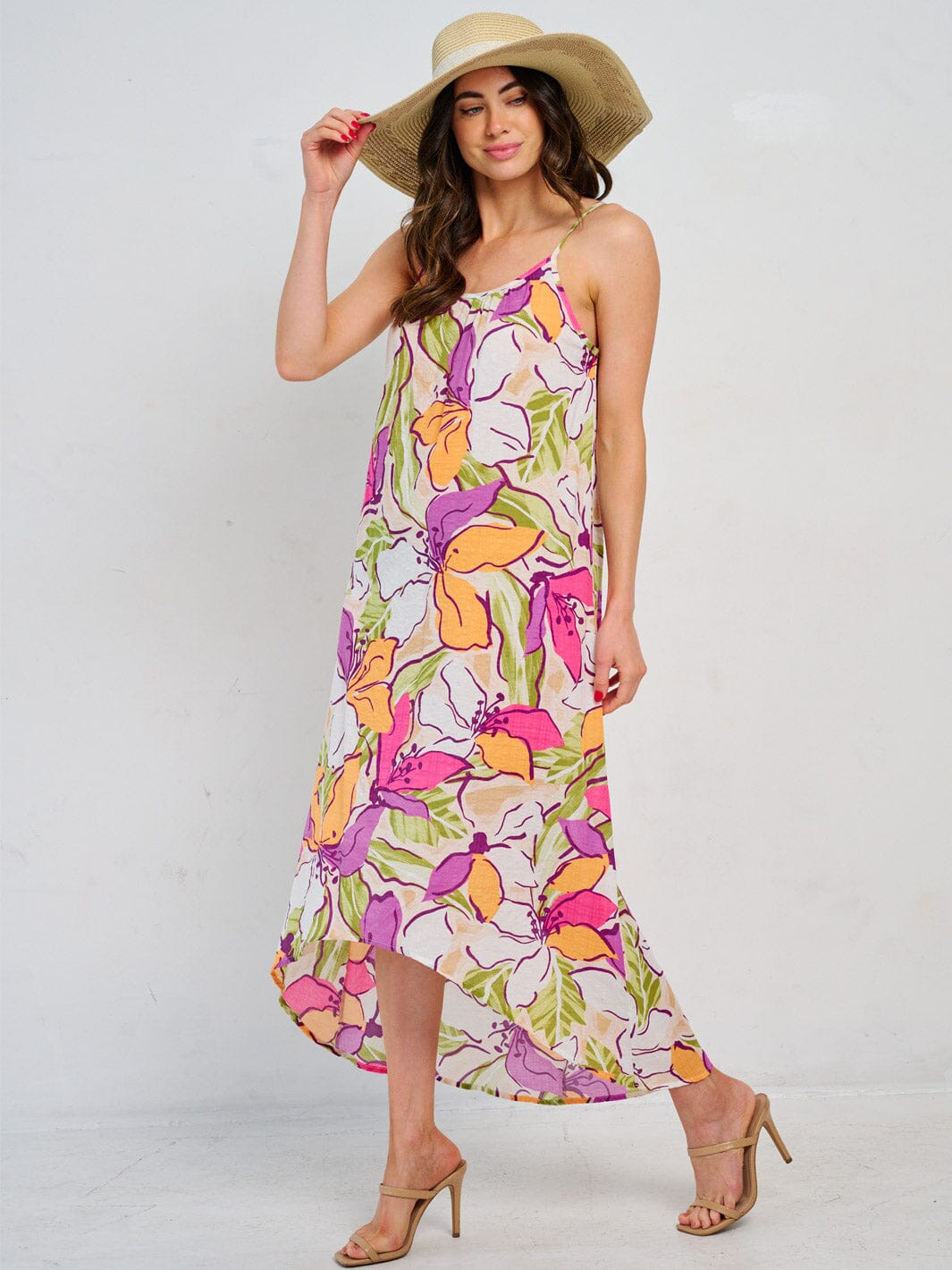 WOMEN'S SLEEVELESS HIGH-LOW FLORAL MAXI DRESS