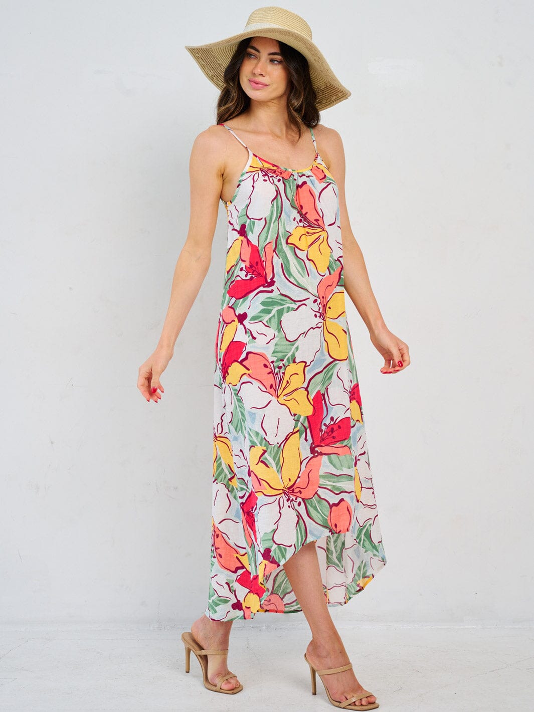 WOMEN'S SLEEVELESS HIGH-LOW FLORAL MAXI DRESS