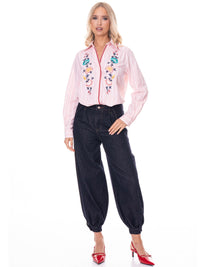WOMEN'S LONG SLEEVE BUTTON UP FLORAL EMBROIDERY STRIPES BLOUSE