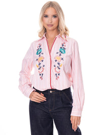 WOMEN'S LONG SLEEVE BUTTON UP FLORAL EMBROIDERY STRIPES BLOUSE