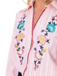 WOMEN'S LONG SLEEVE BUTTON UP FLORAL EMBROIDERY STRIPES BLOUSE