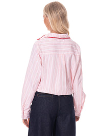 WOMEN'S LONG SLEEVE BUTTON UP FLORAL EMBROIDERY STRIPES BLOUSE