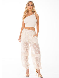 WOMEN'S ZIP UP FRONT POCKETS FLOWER LACE STUDS JOGGER PANTS