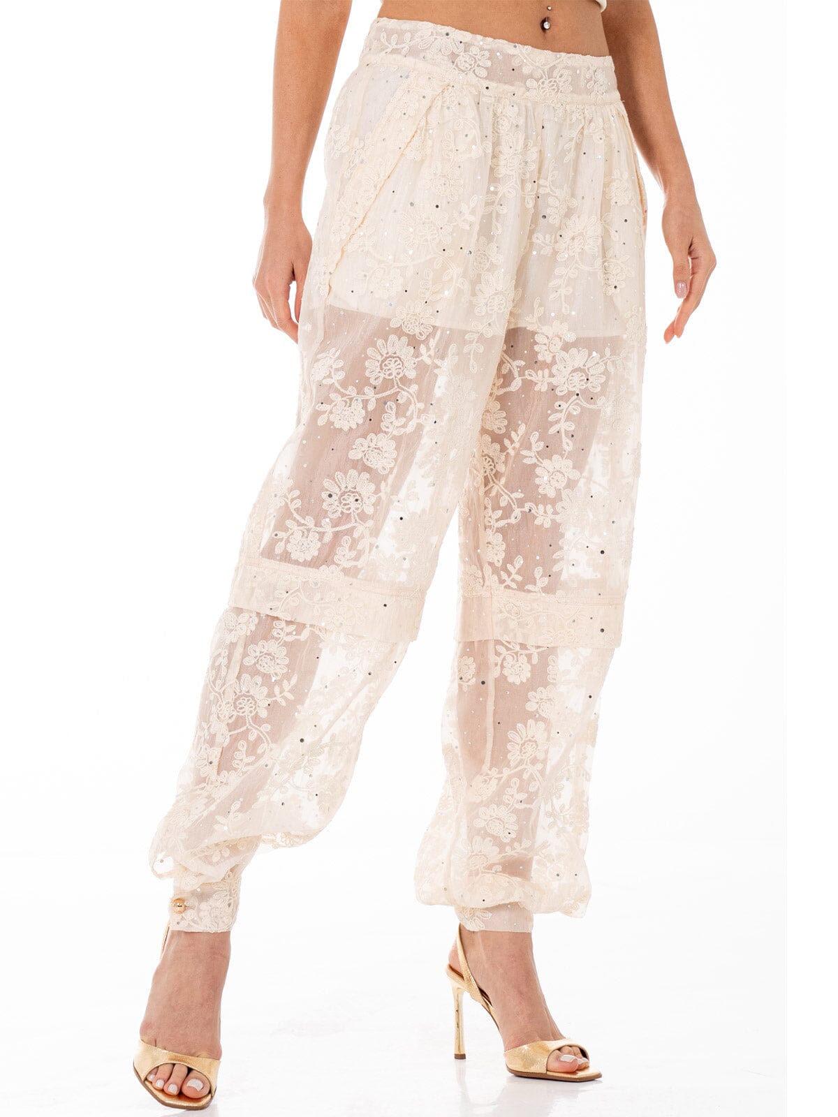 WOMEN'S ZIP UP FRONT POCKETS FLOWER LACE STUDS JOGGER PANTS