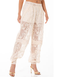 WOMEN'S ZIP UP FRONT POCKETS FLOWER LACE STUDS JOGGER PANTS