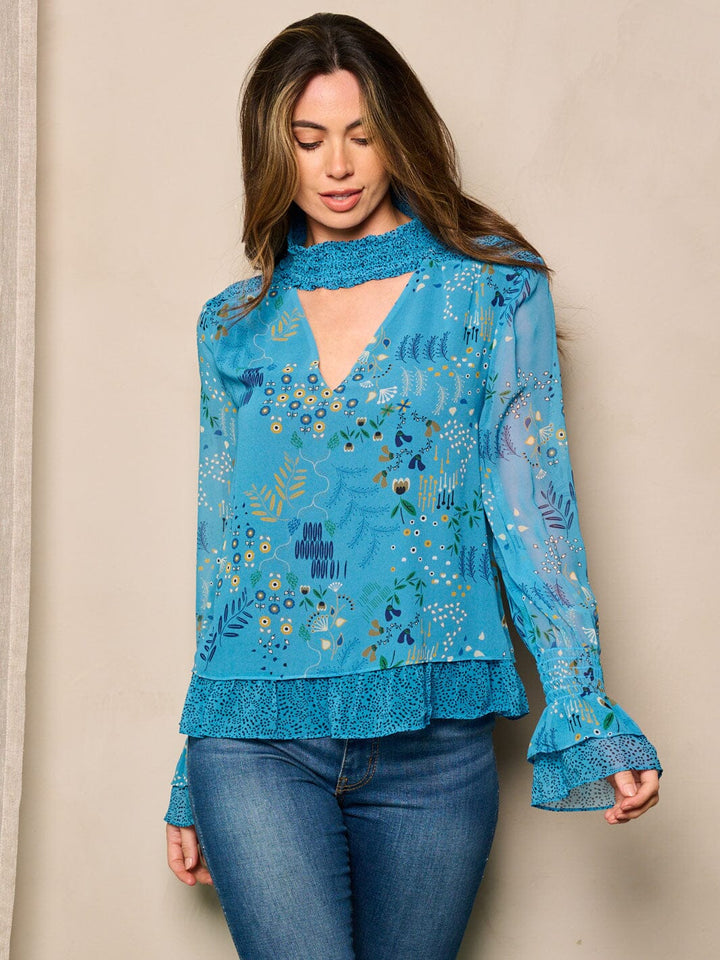 WOMEN'S LONG SLEEVE CUT OUT FLORAL BLOUSE TOP