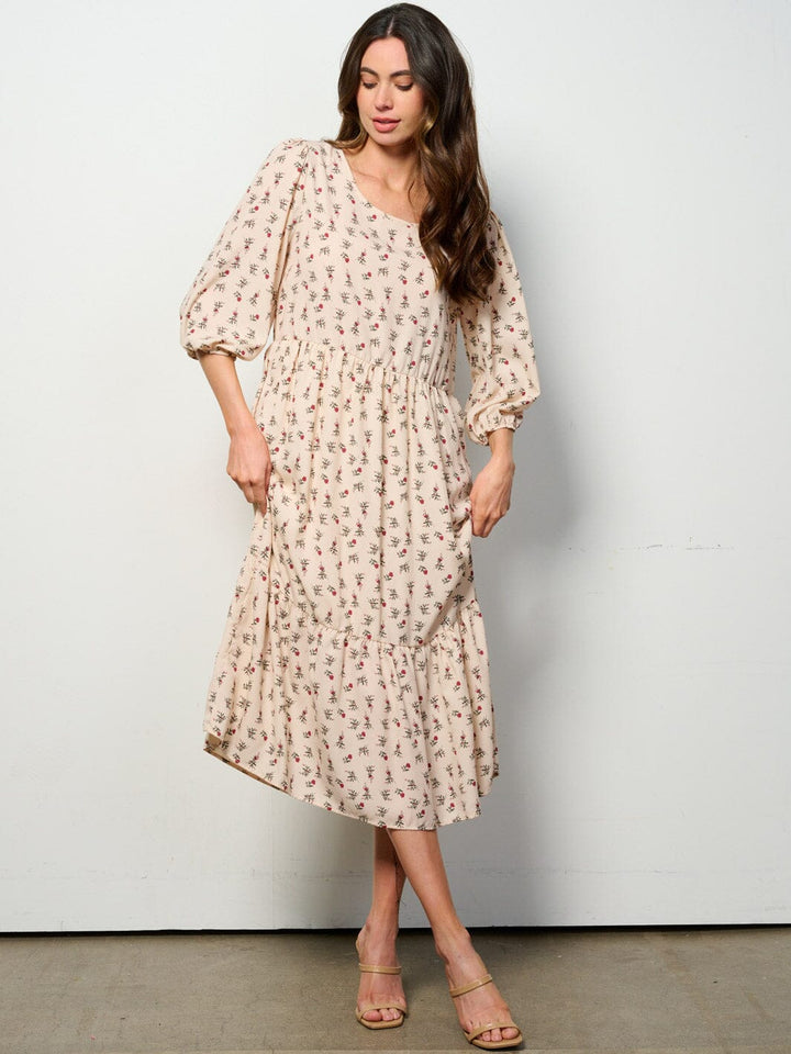 WOMEN'S 3/4 SLEEVES POCKETS TIERED FLORAL MIDI DRESS