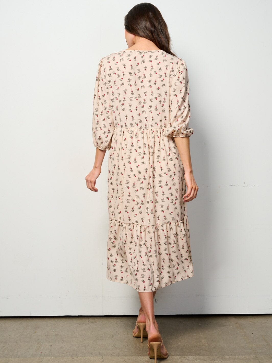 WOMEN'S 3/4 SLEEVES POCKETS TIERED FLORAL MIDI DRESS