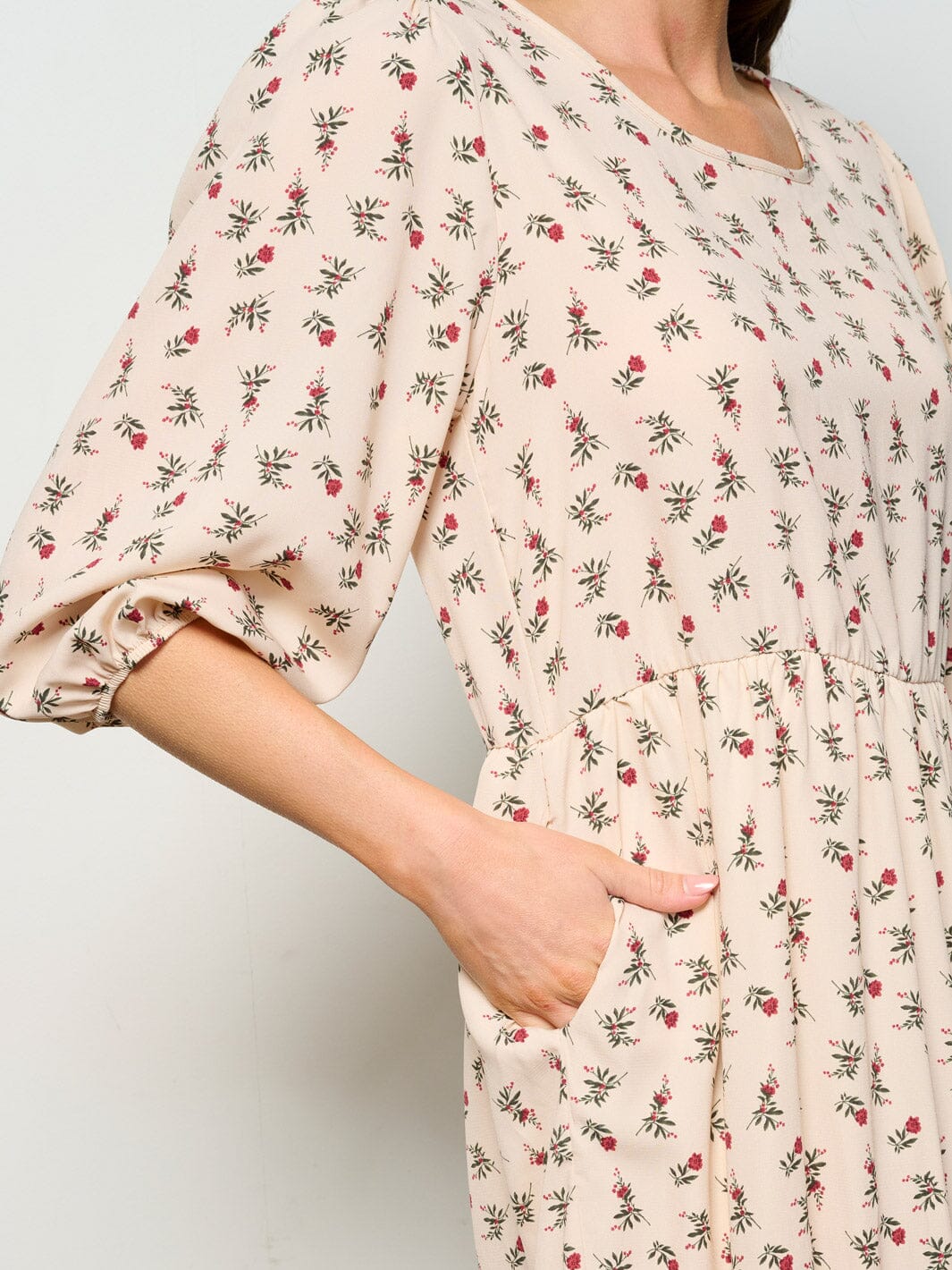 WOMEN'S 3/4 SLEEVES POCKETS TIERED FLORAL MIDI DRESS
