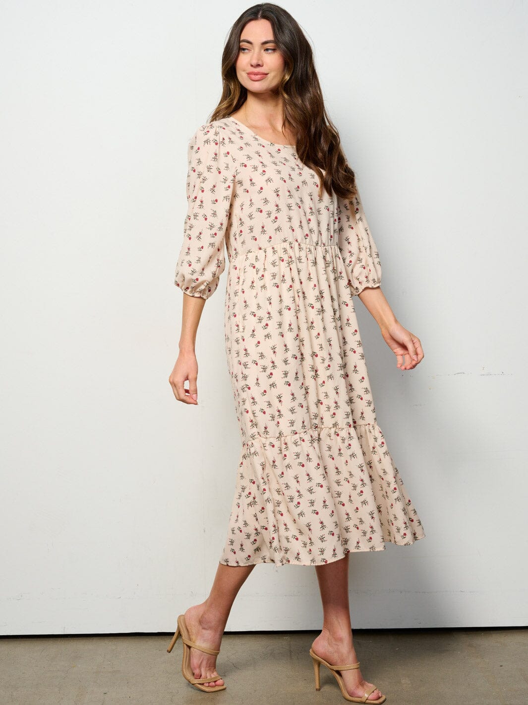WOMEN'S 3/4 SLEEVES POCKETS TIERED FLORAL MIDI DRESS
