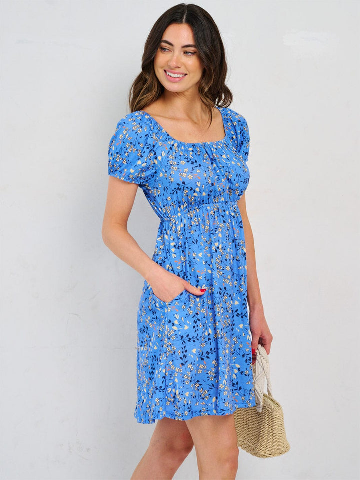 WOMEN'S SHORT SLEEVE ELASTIC WAIST FRONT POCKETS FLORAL MINI DRESS