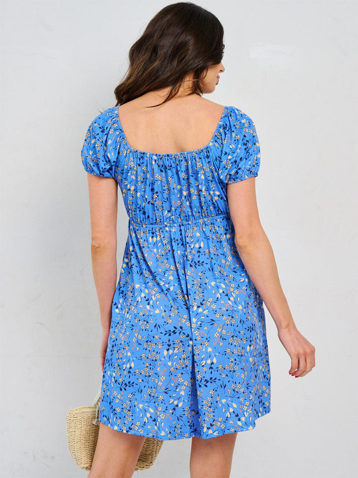 WOMEN'S SHORT SLEEVE ELASTIC WAIST FRONT POCKETS FLORAL MINI DRESS