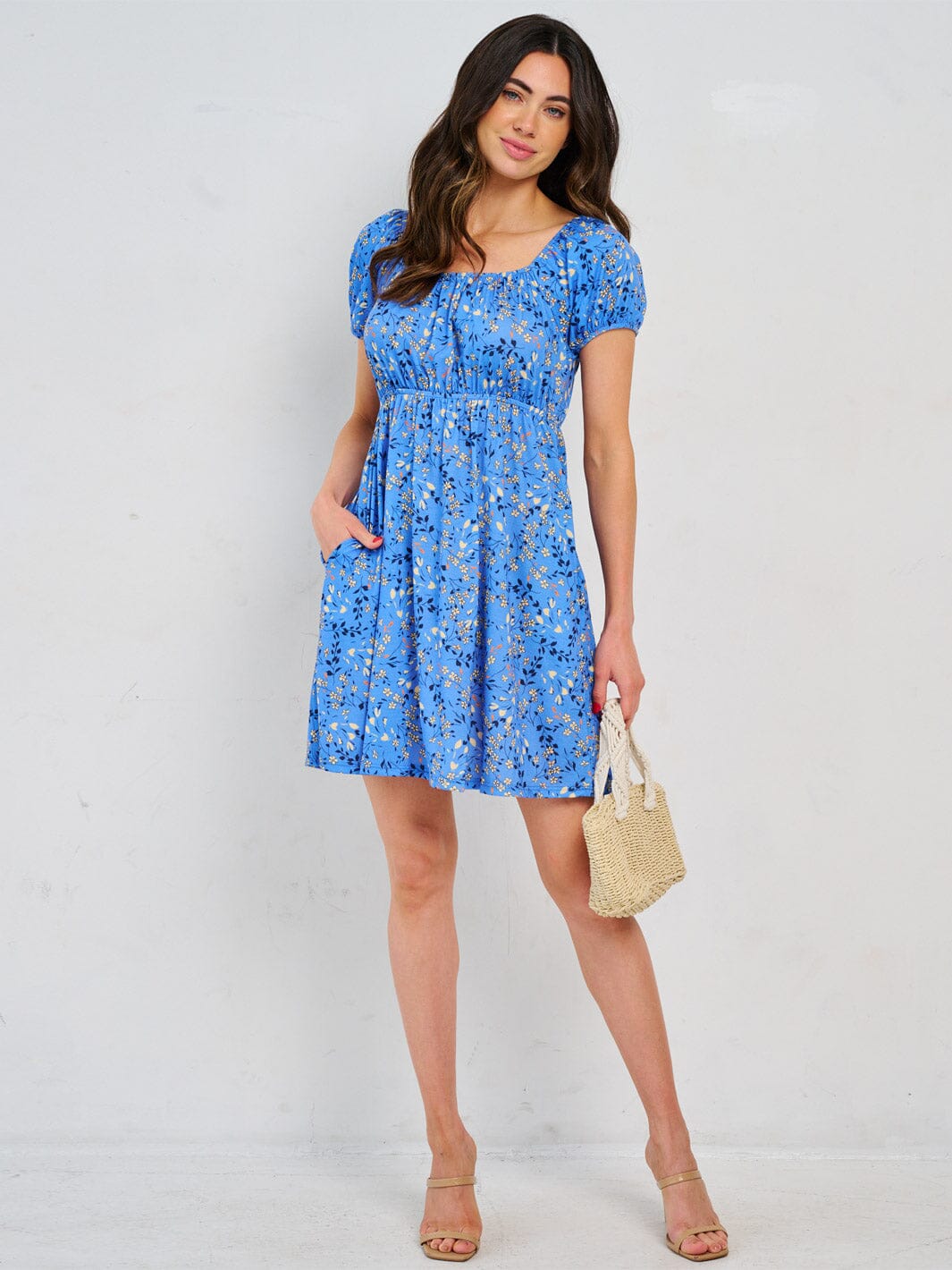 WOMEN'S SHORT SLEEVE ELASTIC WAIST FRONT POCKETS FLORAL MINI DRESS