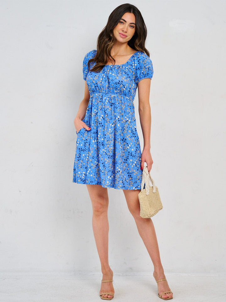 WOMEN'S SHORT SLEEVE ELASTIC WAIST FRONT POCKETS FLORAL MINI DRESS