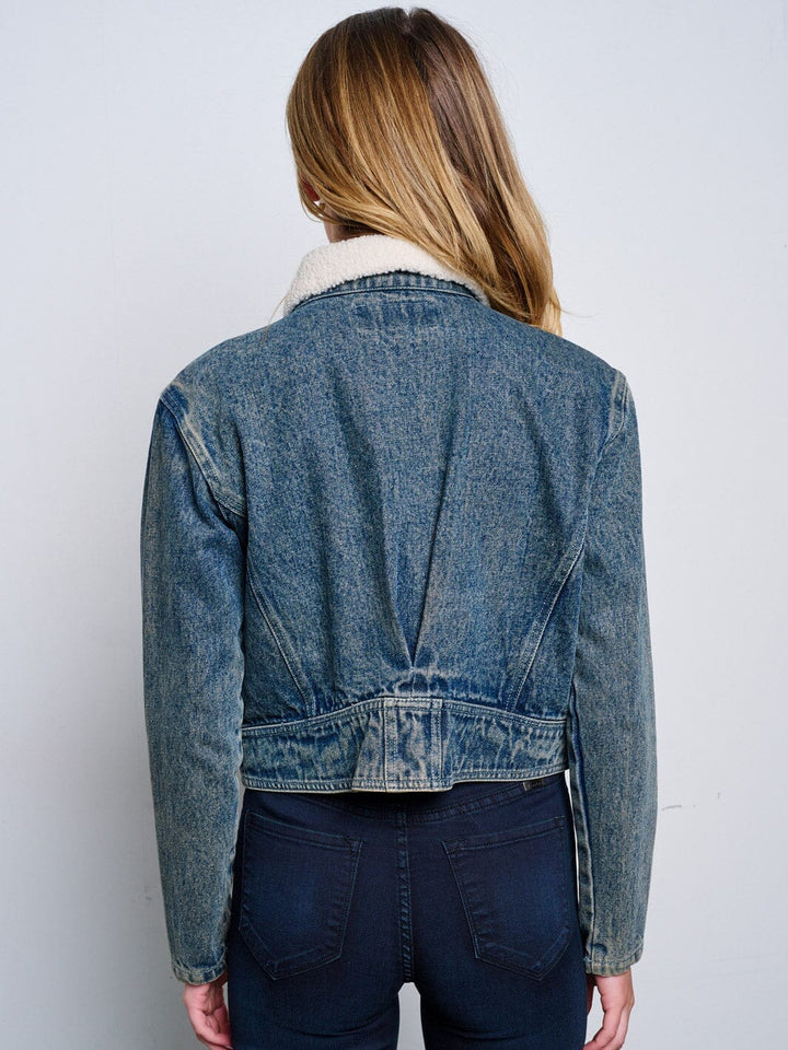 WOMEN'S LONG SLEEVE ZIP UP POCKETS SHERPA COLLAR WASHED DENIM JACKET