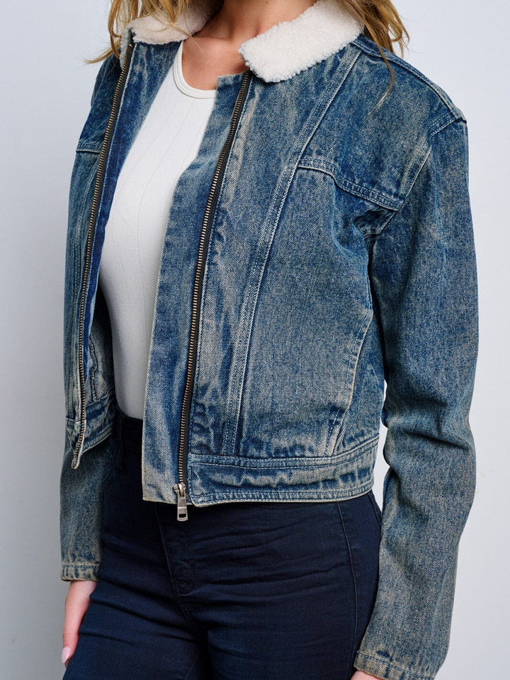 WOMEN'S LONG SLEEVE ZIP UP POCKETS SHERPA COLLAR WASHED DENIM JACKET