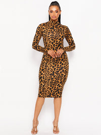 WOMEN'S LONG SLEEVE MOCK NECK BODYCON ANIMAL PRINT MIDI DRESS
