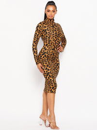 WOMEN'S LONG SLEEVE MOCK NECK BODYCON ANIMAL PRINT MIDI DRESS