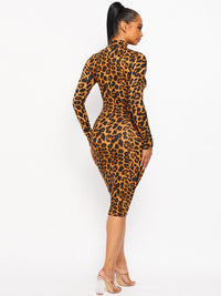 WOMEN'S LONG SLEEVE MOCK NECK BODYCON ANIMAL PRINT MIDI DRESS