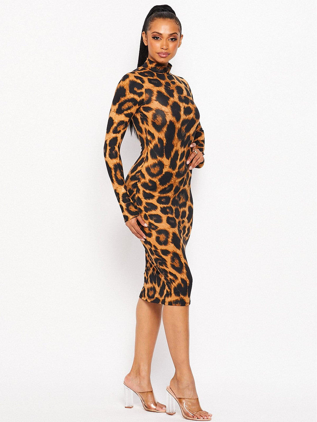 WOMEN'S LONG SLEEVE MOCK NECK BODYCON ANIMAL PRINT MIDI DRESS
