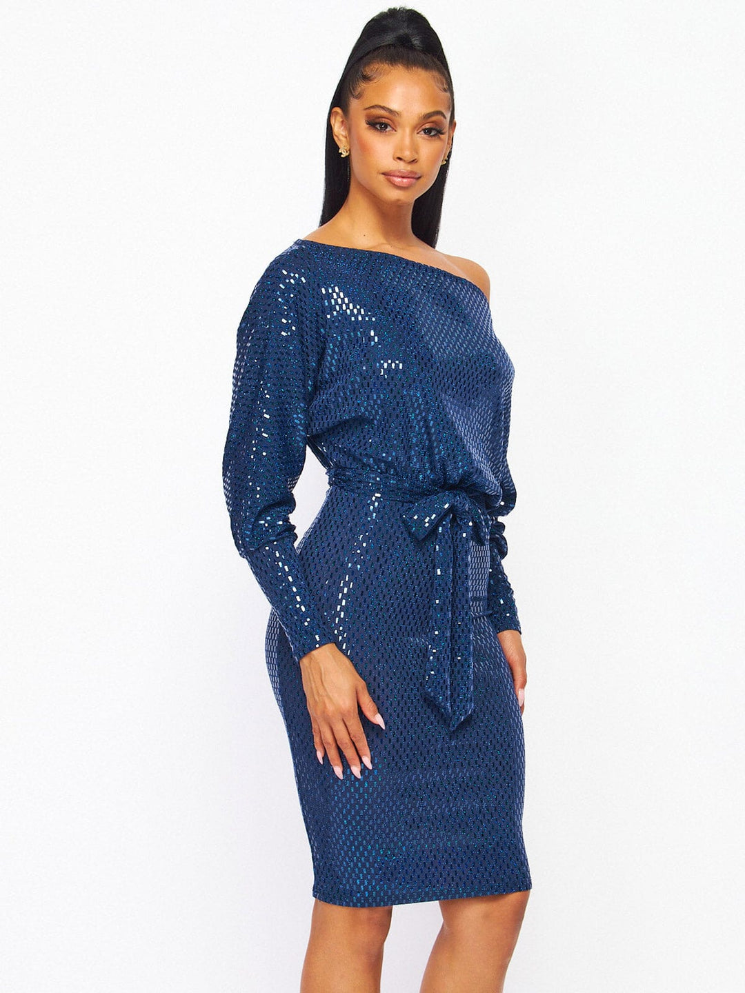 WOMEN'S LONG SLEEVE OFF SHOULDER SELF TIE BODYCON SEQUINS MINI DRESS