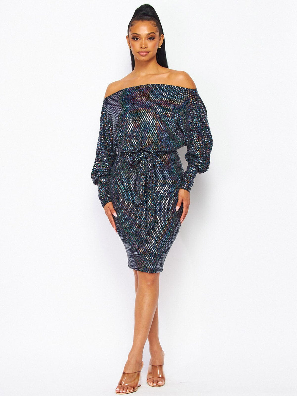 WOMEN'S LONG SLEEVE OFF SHOULDER SELF TIE BODYCON SEQUINS MINI DRESS