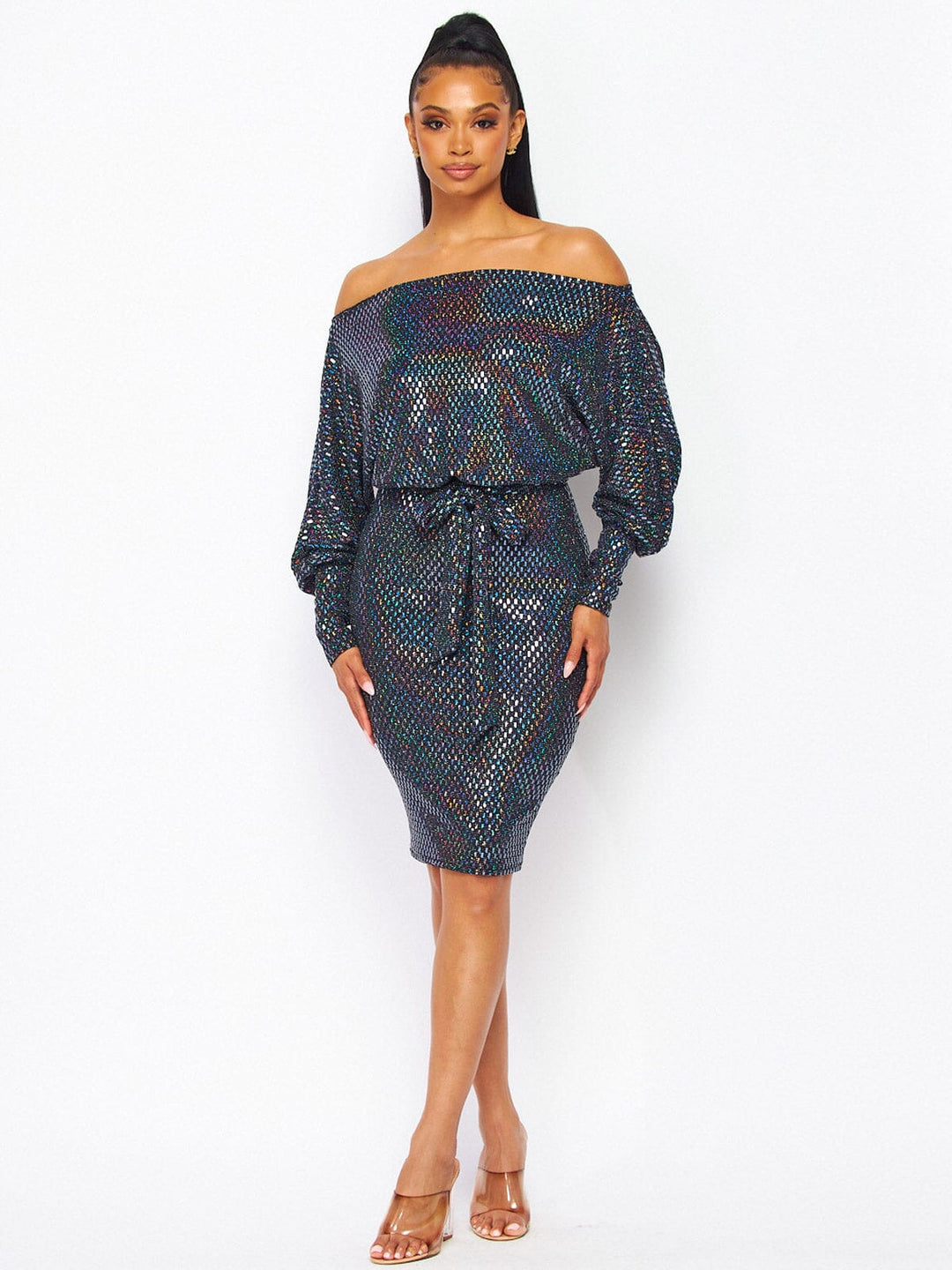 WOMEN'S LONG SLEEVE OFF SHOULDER SELF TIE BODYCON SEQUINS MINI DRESS