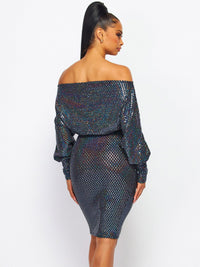 WOMEN'S LONG SLEEVE OFF SHOULDER SELF TIE BODYCON SEQUINS MINI DRESS