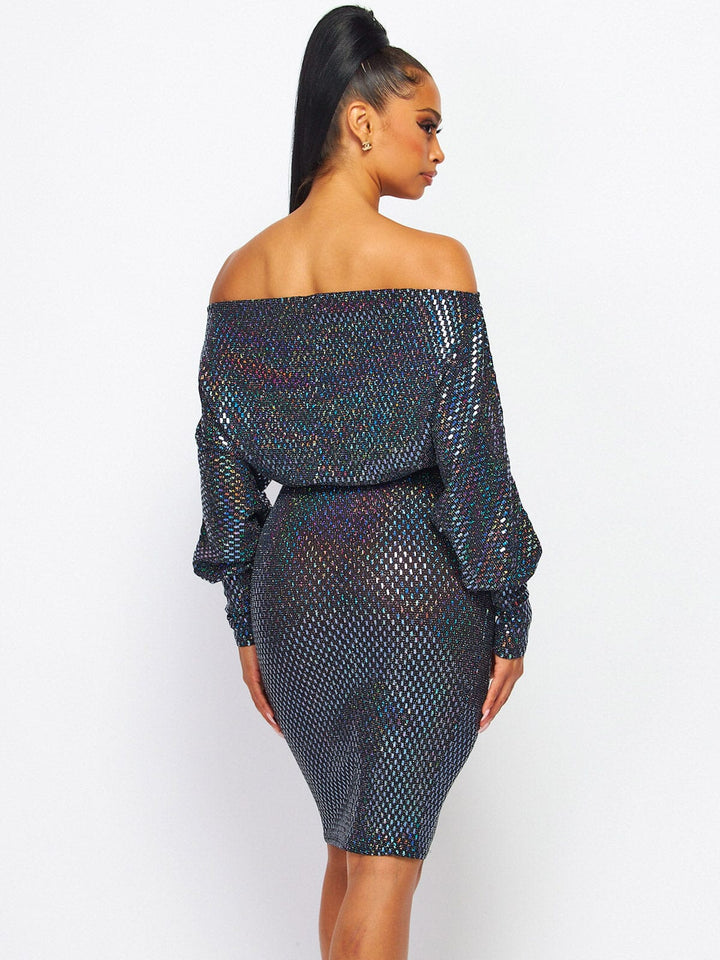 WOMEN'S LONG SLEEVE OFF SHOULDER SELF TIE BODYCON SEQUINS MINI DRESS